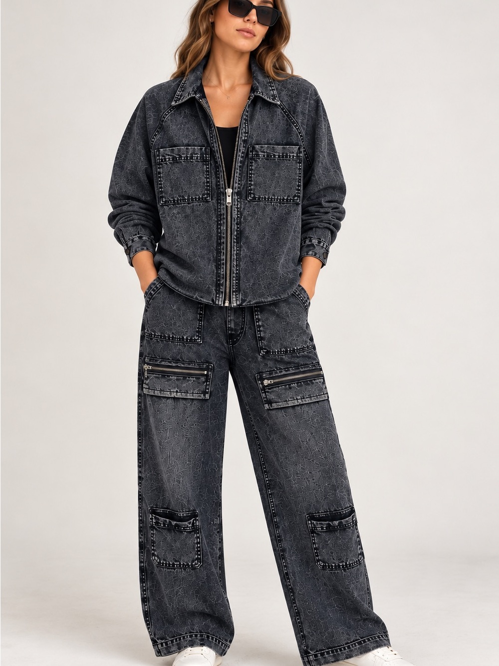 Vintage Havana Acid Wash Denim Jacket & Wide Leg Pants Set S